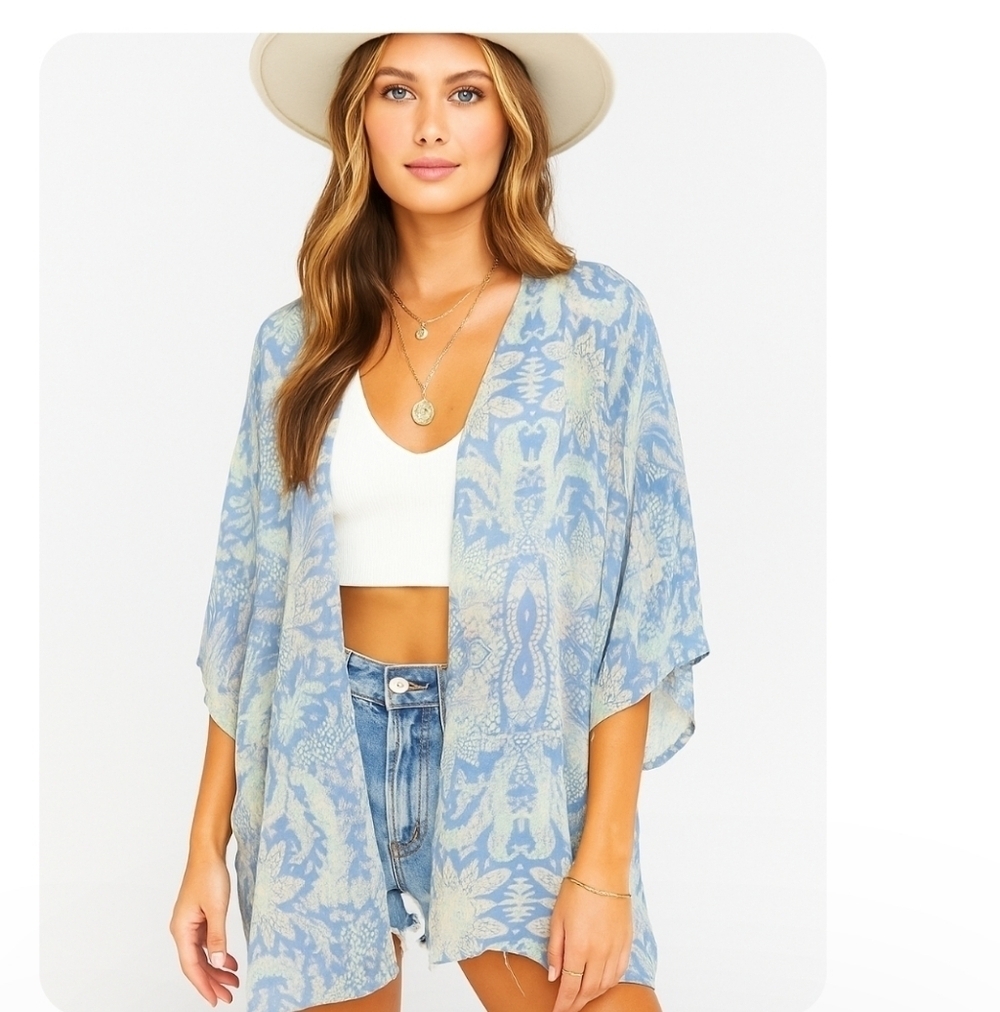 Show Me Your Mumu Womens Blue Floral Kimono Lightweight Boho Wrap Cardigan L